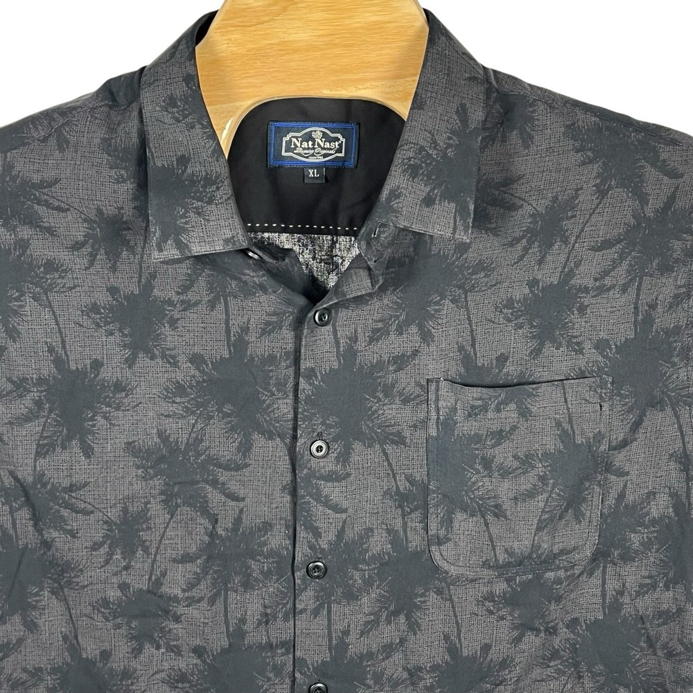 Nat Nast Men XL Silk/Cotton Black w/Palm Leaves‎ Short Sleeve Button Up Shirt
